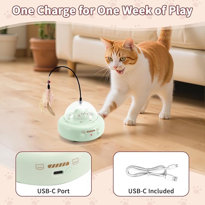 Automatic Cat Toys with Feathers, Interactive Cat Toy for Indoor Exercise, Rechargeable Teasing Toys for Indoor Cats, USB Powered, Smart Standby&amp;Obstacle Avoidance(Green)