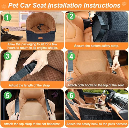 Vivifying Dog Car Seat for Small &amp; Medium Dogs, Detachable &amp; Washable Booster Seat for Pets Up to 30lbs, Travel Bed with Storage Pockets and Safety Belt – Brown&amp;Black