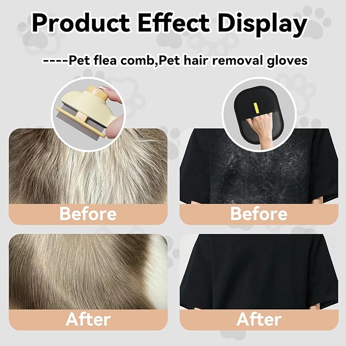 2 Pet Hair Removal Gloves, 2 Flea Combs for Cats and Dog，Reusable Electrostatic Gloves and Long &amp; Short Flea Combs, 4 PCS pet hair removal tools
