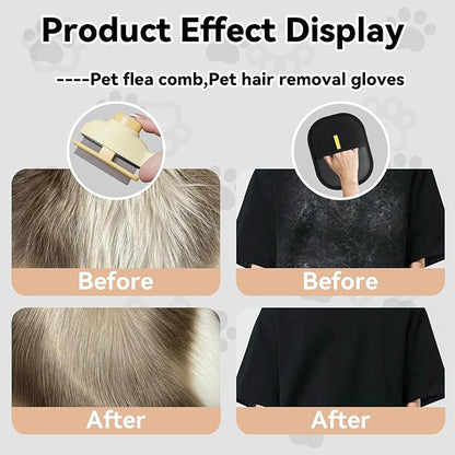 2 Pet Hair Removal Gloves, 2 Flea Combs for Cats and Dog，Reusable Electrostatic Gloves and Long &amp; Short Flea Combs, 4 PCS pet hair removal tools