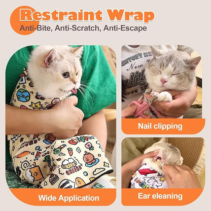 Cat Grooming Wrap, Cat Wrap Self-Adherent, Anti-Scratch Anti-Bite, Anti-Escape Grooming Bag for Cats Nail Clipping, Ear Cleaning, and Teeth Brushing (19.7 × 19.7" Paw Prints)