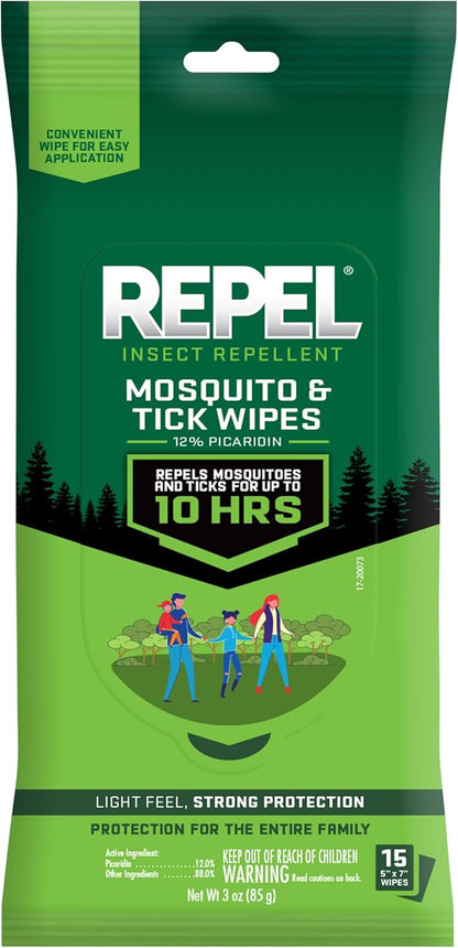 Repel Insect Repellent Mosquito &amp; Tick Wipes 12% Picaridin, Repels Mosquitoes and Ticks for Up to 10 Hours in A Convenient Travel Wipe for Whole-Family Mosquito and Tick Protection,15 Count, 3 Ounces