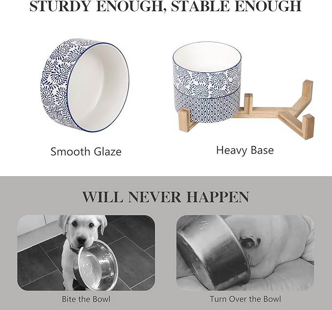 Selamica Ceramic 14 OZ Dog Bowls with Wooden Stand, Anti-Slip Dog Dishes Set for Cats &amp; Small Dogs, Weighted Pet Bowls Set of 2, Vintage Blue