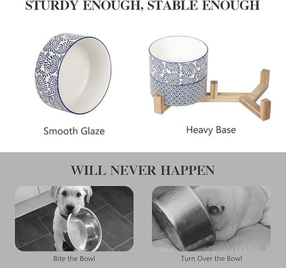 Selamica Ceramic 14 OZ Dog Bowls with Wooden Stand, Anti-Slip Dog Dishes Set for Cats &amp; Small Dogs, Weighted Pet Bowls Set of 2, Vintage Blue