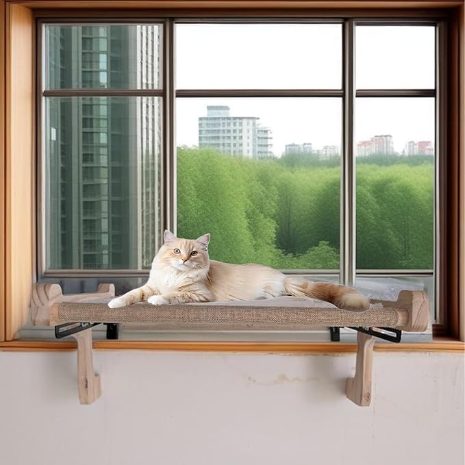 aborishthink Adjustable Cat Window Perch | Sturdy Cat Hammock Window Seat Durable Wood &amp; Metal Frame | Breathable Cover | Ideal for Large &amp; Heavy Cats | Easy Installation for Windowsill