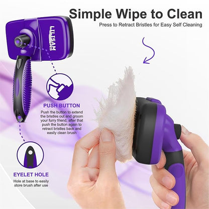 Pet Self Cleaning Slicker Brush and Grooming Comb - Gently Removes Loose Hair, Tangles, and Dirt - Skin Friendly Deshedding Grooming Tool for Hair Dogs &amp; Cats - Pet Supplies Accessories (Purple)