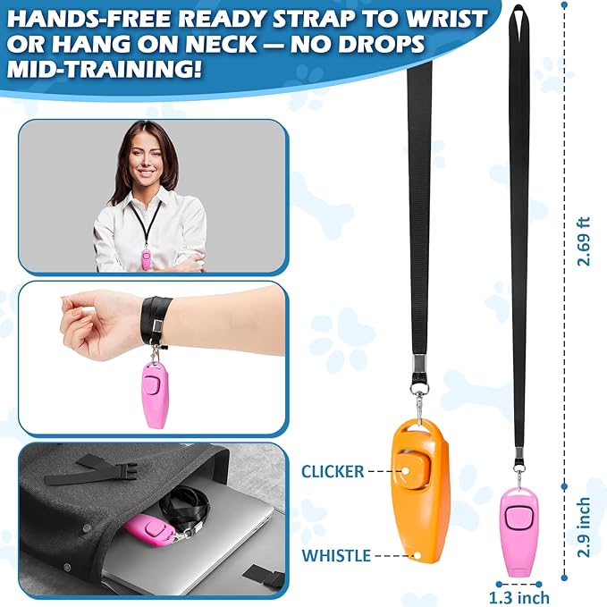 2-in-1 Dog Training Clicker Whistle for Training and Recall, Training Accessories for Puppy, Cats, Horses &amp; Small Animals - 2 Pack with Lanyard, Reward Your Pets Efficiently(Pink + Orange)