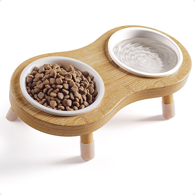 Elevated Cat Bowls - Set of 2 Ceramic Pet Food Bowls with Anti-Slip Bamboo Stand - 15 Degree Titled - Raised Dog Bowl for Small Dogs - Raised Cat Bowl Stand - Pet Feeding Station for Cats &amp; Small Dogs