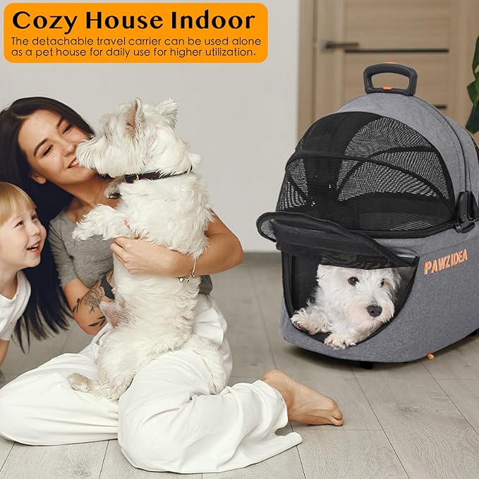 PAWZIDEA Double Pet Stroller with 2 Detachable Carriers, Portable Dog Crate for Car Travel &amp; TSA-Approved Expandable Cat Carrier, Foldable Lightweight Jogger Stroller for 2–4 Cats or Small/Medium Dogs