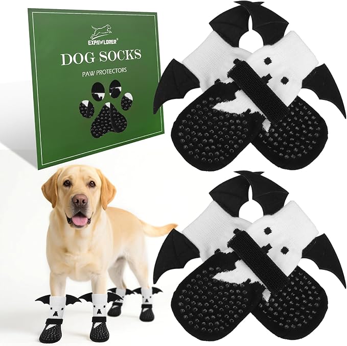 EXPAWLORER Halloween Anti Slip Dog Socks to Prevent Licking Paws, Boots &amp; Paw Protectors with Grippers,Doggie Booties for Hardwood Floors for Small Medium Large Senior Dogs Costume White Ghost Wings L