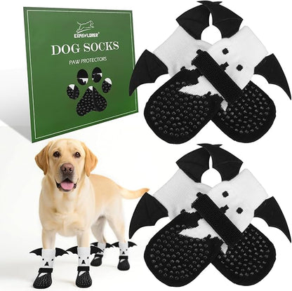 EXPAWLORER Halloween Anti Slip Dog Socks to Prevent Licking Paws, Boots &amp; Paw Protectors with Grippers,Doggie Booties for Hardwood Floors for Small Medium Large Senior Dogs Costume White Ghost Wings L