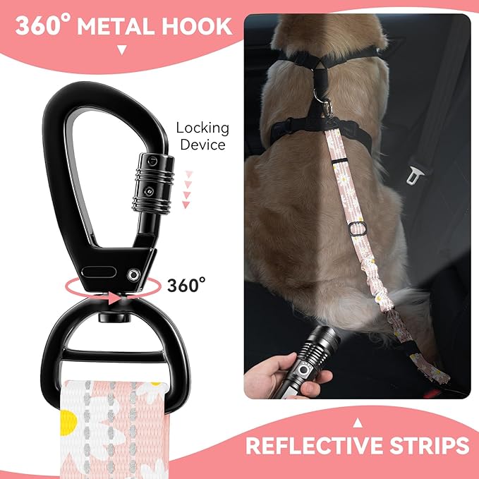 Pawaboo 2Pack Dog Seatbelt for Car, 3-in-1 Dog Car Seat Belt Bungee, Dogs Tether for Cars with Buckle &amp; Hook Latch, Adjustable Reflective Dogs Cars Harness Leash with 360° Lockable Buckle, Light Pink