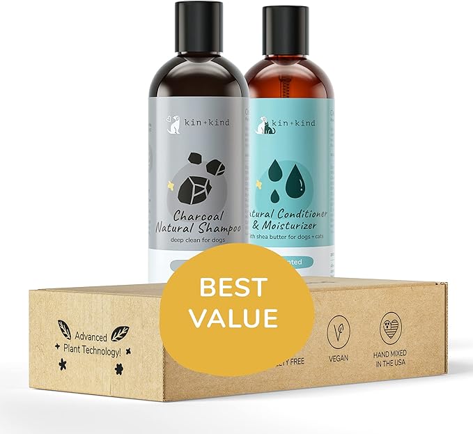 kin+kind Natural Pet Shampoo + Conditioner for Itchy Dogs and Cats - Dog Shampoo for Itchy Skin - Cat &amp; Dog Shampoo and Conditioner with Activated Charcoal &amp; Moisturizing Shea Butter - Made in USA