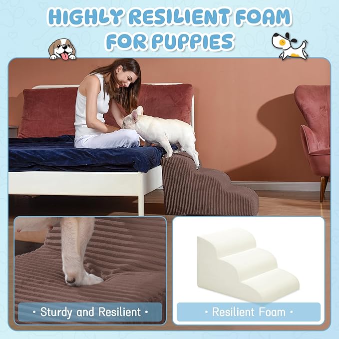 Dog Stairs &amp; Steps for High Beds, 2 Steps High Density Foam Waterproof Dog Ramp for Small Dogs and Cats, Pet Stairs with Washable Cover for Bed, Couch, Sofa and Car, Coffee (H: 11.8")