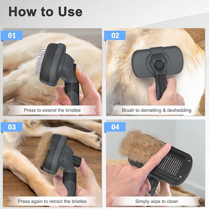 Self-Cleaning Deshedding Brush for Dogs &amp; Cats - Skin-Friendly Grooming Tool with Hair Brush for Long and Short Haired Pets, Grey