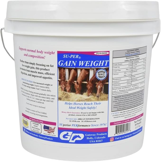 SU-PER Gain Weight for Horses - Equine Supplement Weight Gainer for Horses - Promotes Lean Muscle Mass, Digestion &amp; Appetite - 10 Pound, 1 Month Supply