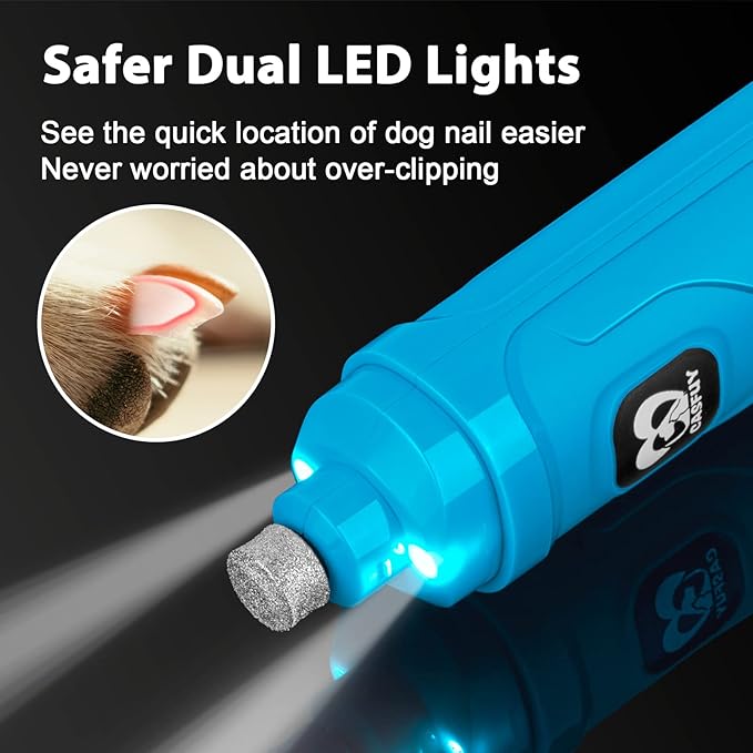 Casfuy Dog Nail Grinder with 2 LED Light - New Version 2-Speed Powerful Electric Pet Nail Trimmer Professional Quiet Painless Paws Grooming &amp; Smoothing for Small Medium Large Dogs(Bright Blue)
