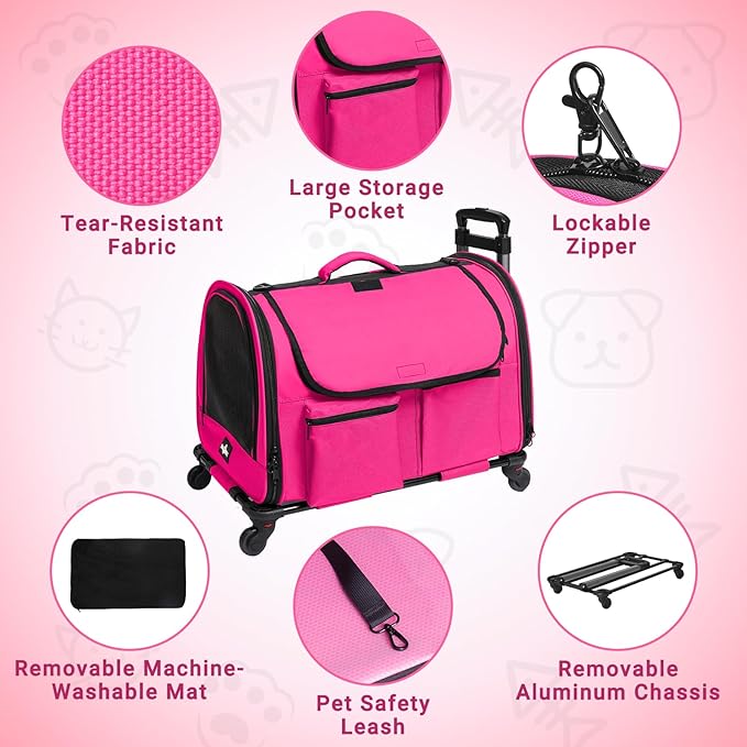 Large Pet Carrier with Wheels, Foldable Rolling Dog Carrier with Big Pocket, Cat Rolling Bag 21"x13"x13"for 2 Cats &amp;Dogs, Use for Travel, Outdoor, Vet Visits, Camping, Indoor. Pink