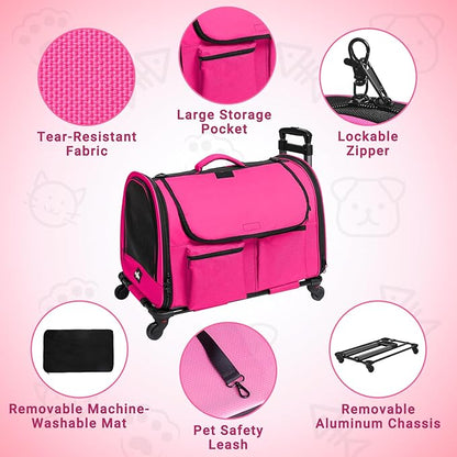 Large Pet Carrier with Wheels, Foldable Rolling Dog Carrier with Big Pocket, Cat Rolling Bag 21"x13"x13"for 2 Cats &amp;Dogs, Use for Travel, Outdoor, Vet Visits, Camping, Indoor. Pink