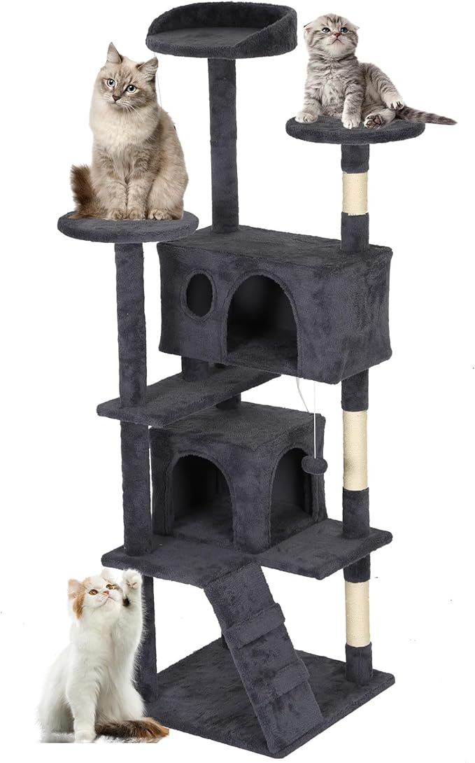 FDW Cat Tree Tower 62in Multi-Level Durable Cat Scratching Post &amp; Cozy Fun Jumping Platform Space Saving Condo Pet Play House for Indoor Cats,Dark Gray