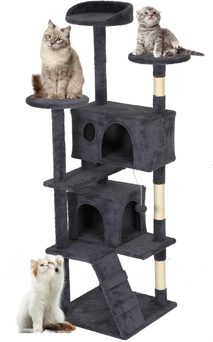 FDW Cat Tree Tower 62in Multi-Level Durable Cat Scratching Post &amp; Cozy Fun Jumping Platform Space Saving Condo Pet Play House for Indoor Cats,Dark Gray