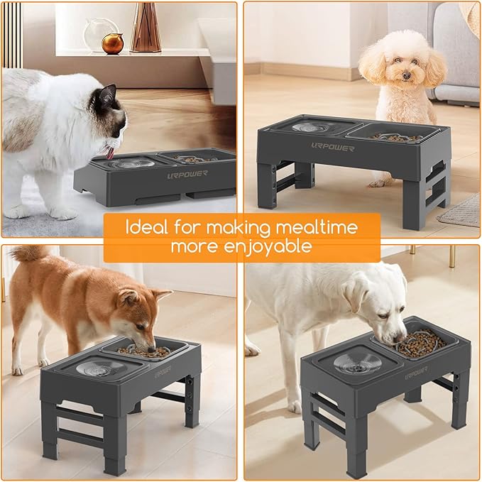 URPOWER 2-in-1 Elevated Slow Feeder with No Spill Dog Water Bowl 4 Height Adjustable Raised Bowl Stand for Small to Large Dogs, Cats &amp; Pets