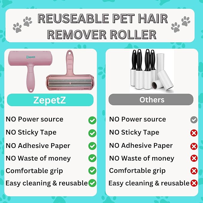 Pet Hair Removal Tool – Reusable Lint Roller for Dogs &amp; Cats – Self-Cleaning Fur Remover Brush – Ergonomic Lint Roller for Carpet, Bedding, Couch, Car Seat &amp; More (Pink)