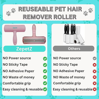 Pet Hair Removal Tool – Reusable Lint Roller for Dogs &amp; Cats – Self-Cleaning Fur Remover Brush – Ergonomic Lint Roller for Carpet, Bedding, Couch, Car Seat &amp; More (Pink)