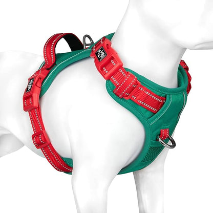PHOEPET No Pull Dog Harness, Unique Colors Reflective Adjustable Dog Vest, with Soft Training Handle Metal Clips for Small Medium Large Dogs (Dark Green Base &amp; Red Straps,L)