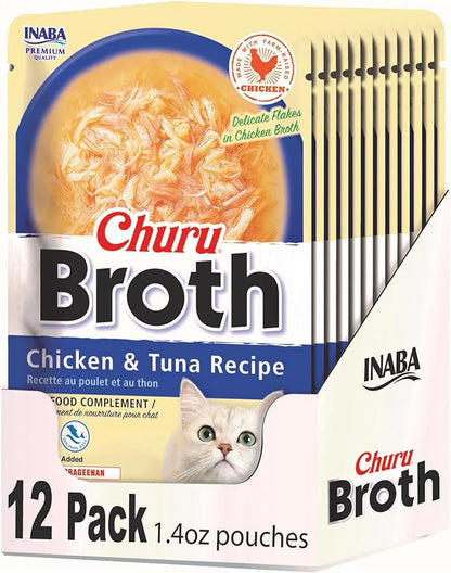 INABA Churu Broth for Cats, Side Dish Pouch, 1.4 Ounces per Pouch, 12 Pouches, Chicken &amp; Tuna Recipe