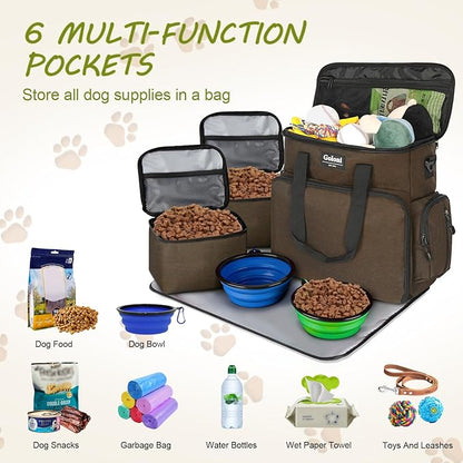 Dog Travel Bag Airline Approved–Pet Travel Tote with Collapsible Bowls,Food Containers &amp; Feeding Mat–Multi-Pocket Organizer for Dogs &amp; Cats, Durable &amp; Water-Resistant for Hiking,Trips,Outdoors