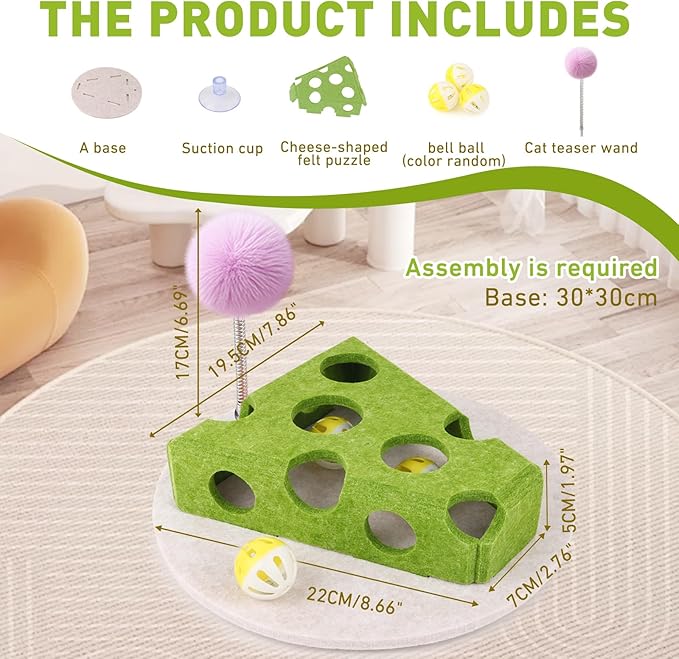 Interactive Cat Puzzle Toy for Indoor Cats &amp; Kittens - Fun Track Balls &amp; Spring Teaser in Stimulating Felt Puzzle Box (Green) - Mental Enrichment Game