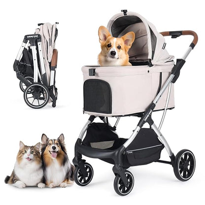 T5 Luxury Pet Stroller for Medium Dog Under 60lbs or 2 Small Dogs &amp; Cats with 180 ̊Canopy, Sun Shades, Auto-Folding Stroller for Multiple Pets（Beige）