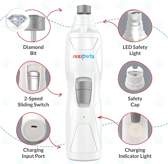 Cat and Dog Nail Grinder - Rechargeable Electric Pet Nail Clipper &amp; Trimmer- Painless Paws Grooming - Quiet 2-Speed Motor. 3 Size Ports for Small, Medium, Large Pets- Up to 4 Hours of Charge