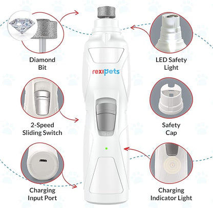Cat and Dog Nail Grinder - Rechargeable Electric Pet Nail Clipper &amp; Trimmer- Painless Paws Grooming - Quiet 2-Speed Motor. 3 Size Ports for Small, Medium, Large Pets- Up to 4 Hours of Charge
