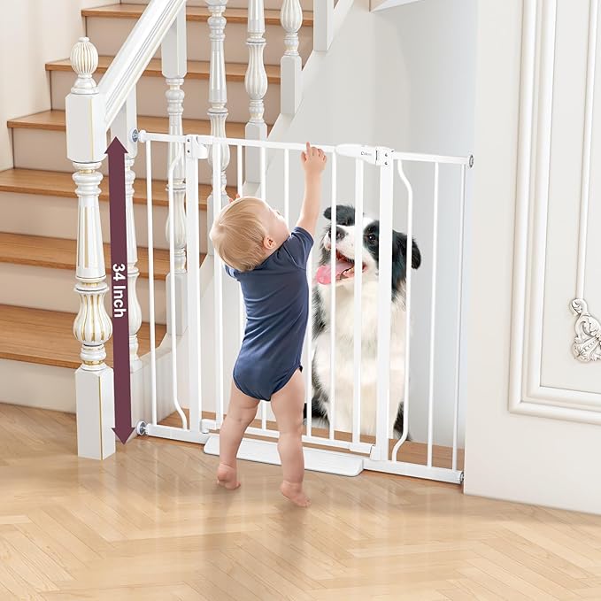 34" Extra Tall Baby Gate for Stairs, Auto Close Stroller Friendly Dog Gate Indoor for Doorways, Pressure Mounted 29"-40" W Baby Gate, Easy Walk Through Gate for Children &amp; Pets, White