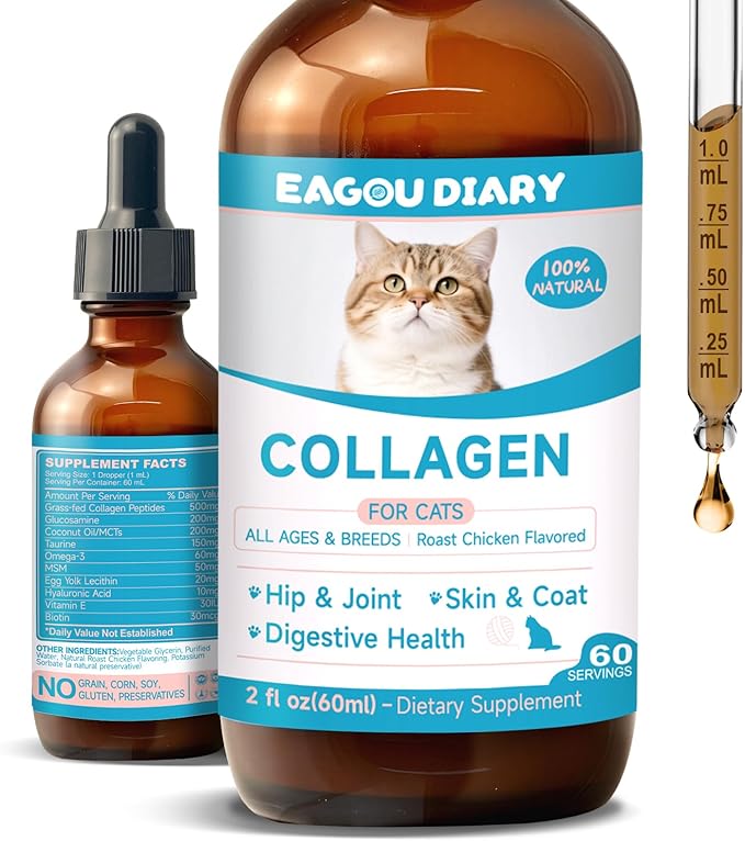 Collagen for Cats - Hip and Joint Supplement, Digestive &amp; Immunity Support, Skin &amp; Coat Health, Liquid Collagen for Cats with MSM, Glucosamine, Coconut Oil, Vitamin E, Roast Chicken Flavored, 60ml