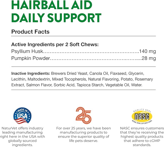 NaturVet – Hairball Aid Supplement for Cats - Plus Pumpkin – Helps Eliminate &amp; Prevent Hairballs – 60 Soft Chews
