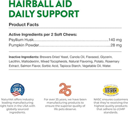 NaturVet – Hairball Aid Supplement for Cats - Plus Pumpkin – Helps Eliminate &amp; Prevent Hairballs – 60 Soft Chews