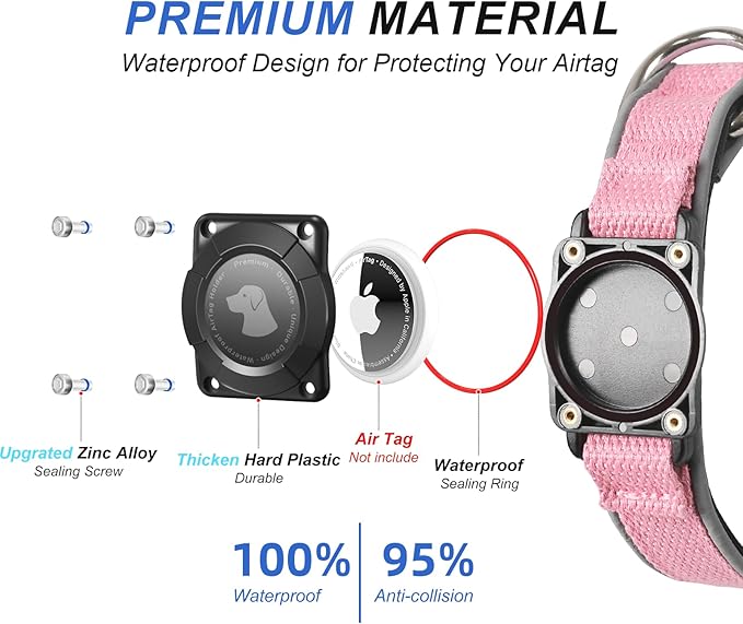 Waterproof Airtag Dog Collar - Nylon Collar with Durable Airtag Holder, Reflective&amp;Anti-Lost with Safety Metal Buckle, Soft Padded Adjustable for Small Medium Large Dogs Pink S