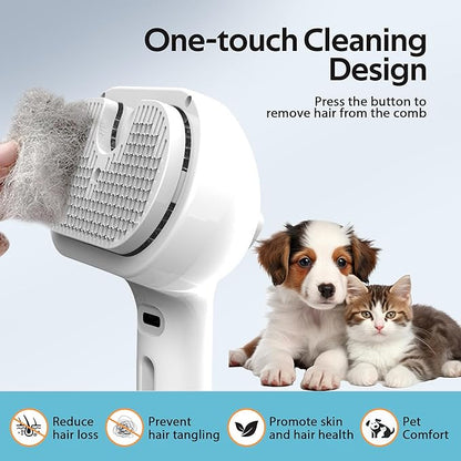 Pet Grooming Brush with Electronic Mist Spray - Gentle Deshedding Tool for Cats &amp; Dogs, Pet Steam Brush，Reduces Shedding, Soft Bristles, Promotes Healthy Coat-Comes with a hair smoothing comb-White