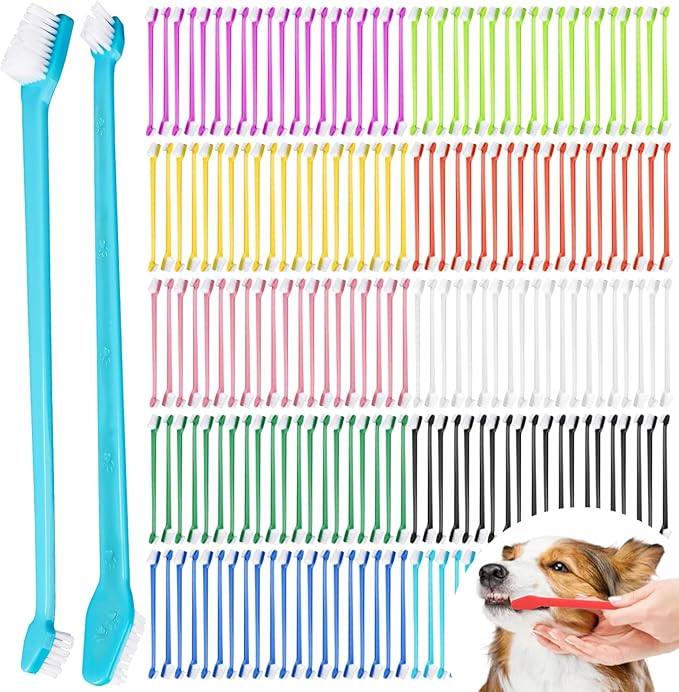 200 Pcs Dog Toothbrush, Pet Double Sided Brushing Kit Long Handle Soft Bristles Dogs Tooth Brush for Small to Large Dog, Cat, Puppy &amp; Kitten, 10 Colors