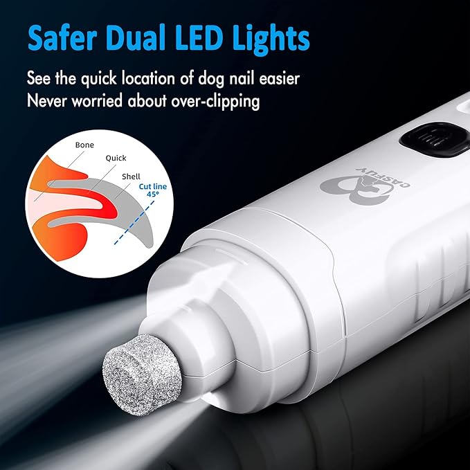 Casfuy Dog Nail Grinder with 2 LED Light for Large Medium Small Dogs - 3X More Powerful 2-Speed Electric Pet Nail Trimmer Rechargeable Quiet Painless Paws Grooming &amp; Smoothing Tool (White)