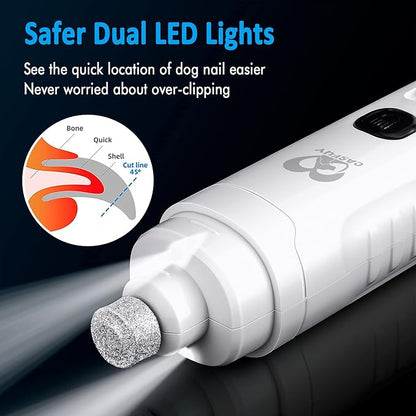 Casfuy Dog Nail Grinder with 2 LED Light for Large Medium Small Dogs - 3X More Powerful 2-Speed Electric Pet Nail Trimmer Rechargeable Quiet Painless Paws Grooming &amp; Smoothing Tool (White)
