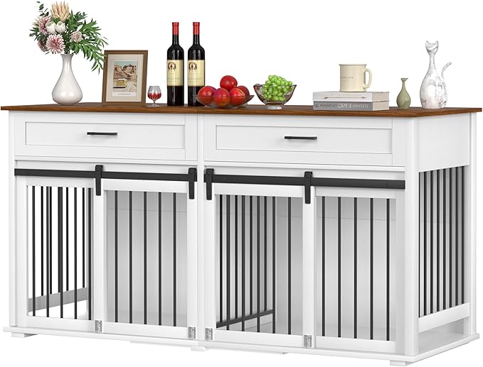 MUPATER 63" L x 23.6" W x 33.3" H Double Wooden Dog Cage Table with 2 Large Drawers &amp; Safety Locks, Large Dog Crate Furniture for 2 Dogs with Removable Divider, Decorative Indoor Dog Kennel Furniture