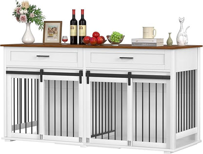MUPATER 63" L x 23.6" W x 33.3" H Double Wooden Dog Cage Table with 2 Large Drawers &amp; Safety Locks, Large Dog Crate Furniture for 2 Dogs with Removable Divider, Decorative Indoor Dog Kennel Furniture