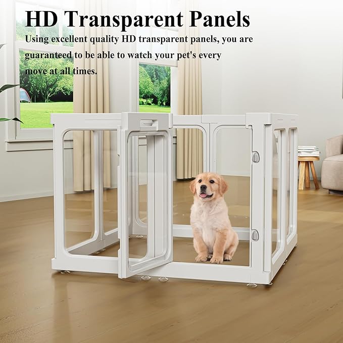 Clear Acrylic Dog Playpen with Door, for Puppy Cat Rabbit Transparent Pet Pen, Dog Playpen Indoor, Dog Fence, Easy Assemble &amp; Cleaning Dog Pen for Small &amp; Medium Dogs (23.6“ Height, 10PCS)