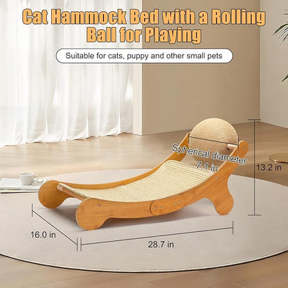 Outamateur Sisal Cat Scratcher Bed, Cat Hammock Chair, 3 in 1 Cats Scratcher Lounge, Cats Mini Beach Chair with Toy Ball, Pet Beds with Removable Sisal Pad for Indoor Small Animal, Puppy, Rabbit