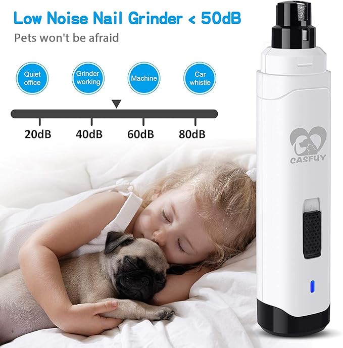 Casfuy Dog Nail Grinder Upgraded - Professional 2-Speed Electric Rechargeable Pet Nail Trimmer Painless Paws Grooming &amp; Smoothing for Small Medium Large Dogs &amp; Cats (White)