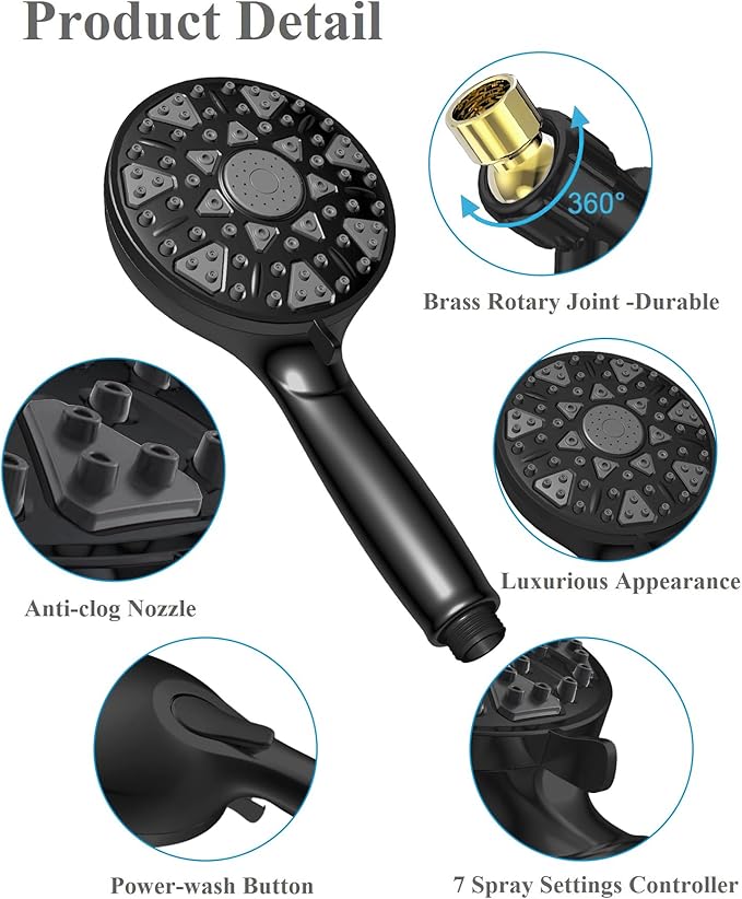 High Pressure Shower head with Handheld 7 Modes, Built-in Power Wash to Clear Tub. Tile &amp; Pets, 5” High Flow Hand Held Hydro Rain Showerhead with Stainless Steel Hose and Adjustable Bracket-Matt Black